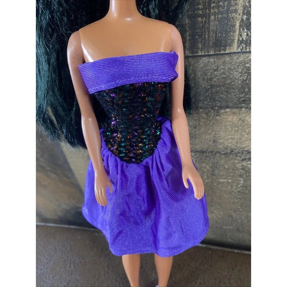 Vintage 90s Barbie‎ Doll Christie Dark Braided Hair Purple Sequin Party Dress